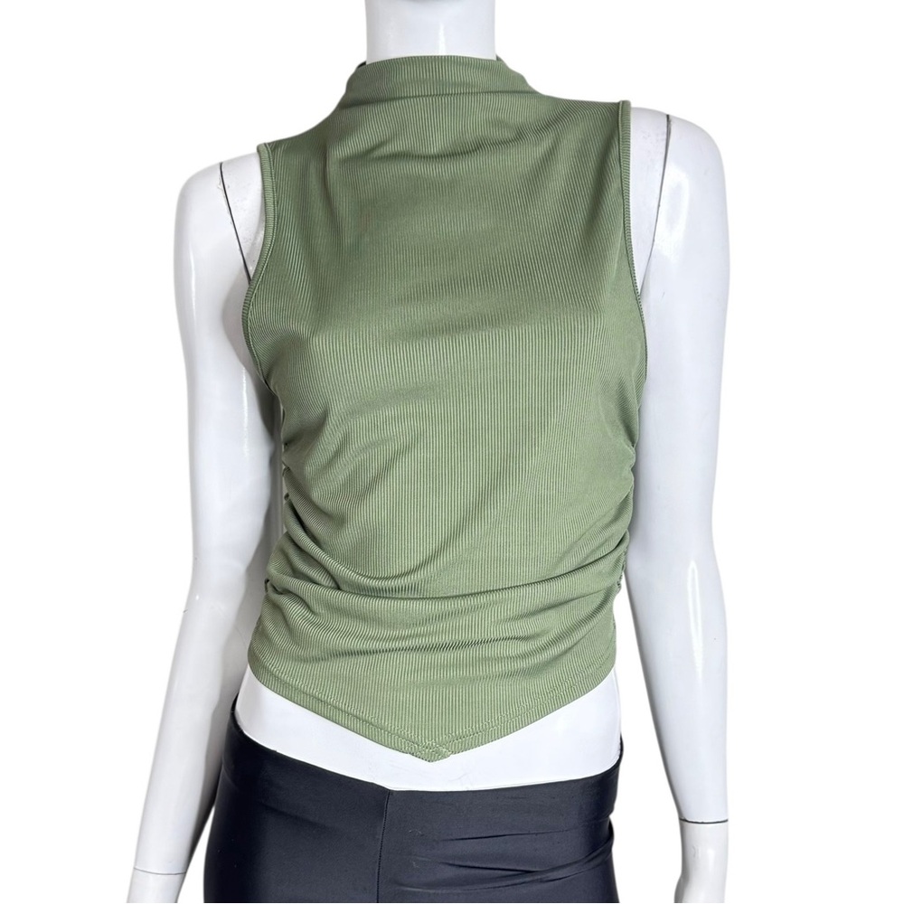 🤑 5/$25 SHEIN Green Sleeveless Mock Neck Ruched Sides Asymmetrical Tank Top